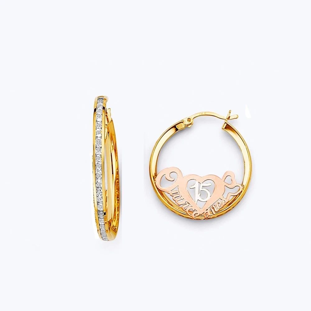 NEW 14K TRI COLOR GOLD 15 YEARS HOOP EARRINGS: NEW 14K TRI COLOR GOLD 15 YEARS HOOP EARRINGS 15 YEARS HOOP EARRINGS NEW 14K TRI COLOR GOLD HEIGHT - 25 mm WIDTH - 25 mm Apx WEIGHT - 3.1 g