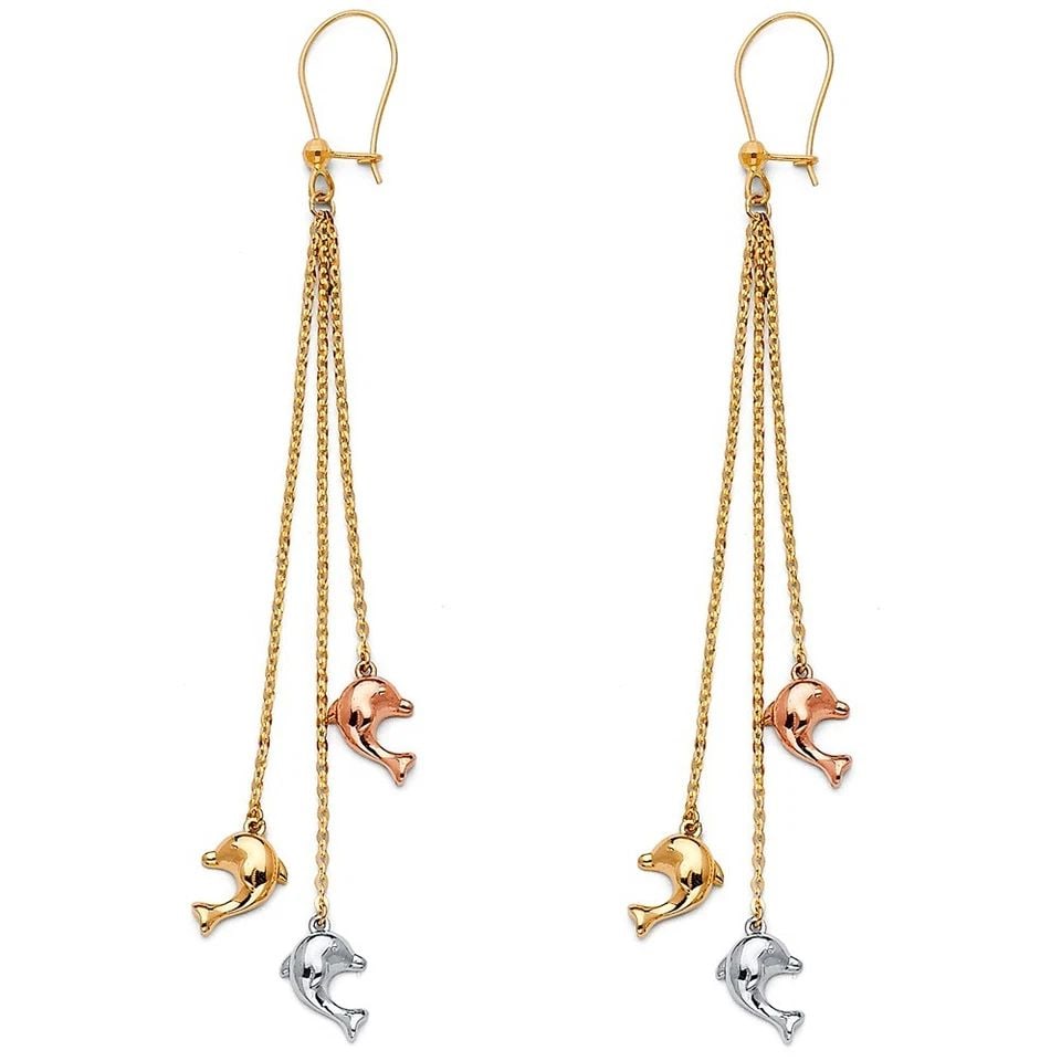 NEW 14K TRI COLOR GOLD HANGING EARRINGS: NEW 14K TRI COLOR GOLD HANGING EARRINGS HANGING EARRINGS NEW 14K TRI COLOR GOLD HEIGHT - 68 mm WIDTH - 6 mm Apx WEIGHT - 3.1 g