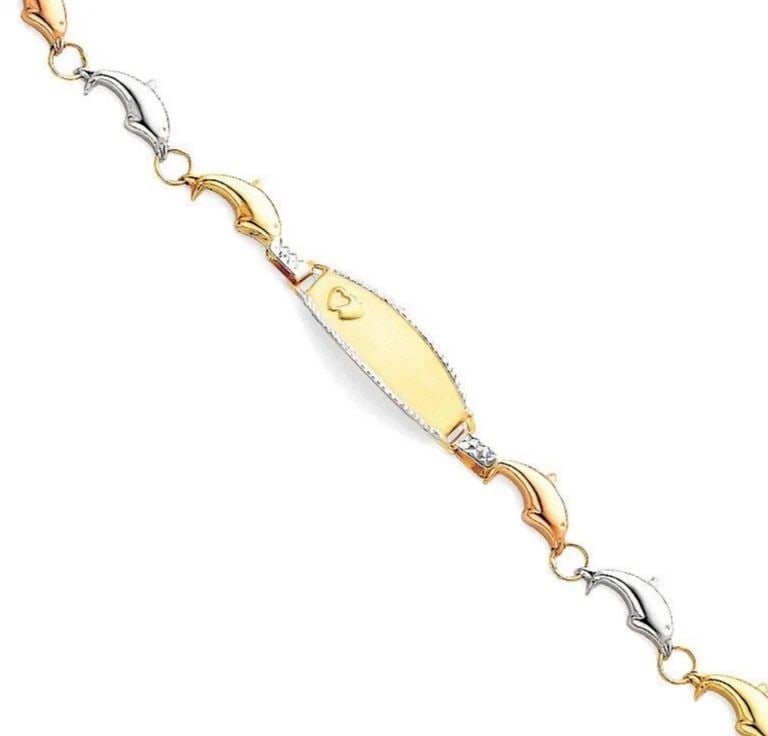 NEW 14K TRI COLOR GOLD LIGHT STAMPATO DOLPHIN ID BRACELET FOR KIDS: NEW 14K TRI COLOR GOLD LIGHT STAMPATO ID BRACELET FOR KIDS LIGHT STAMPATO ID BRACELET FOR KIDS NEW 14K TRI COLOR GOLD LENGTH - 6in Apx WEIGHT - 4.1g