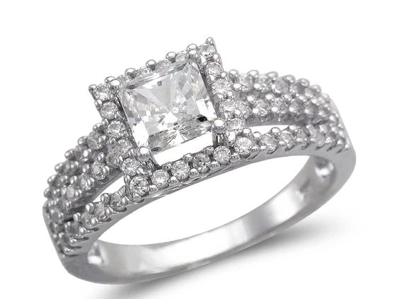 NEW 14K WHITE GOLD LADIES FANCY WHITE PRINCESS CUT HALO SOLITAIRE RING (1 of 1)