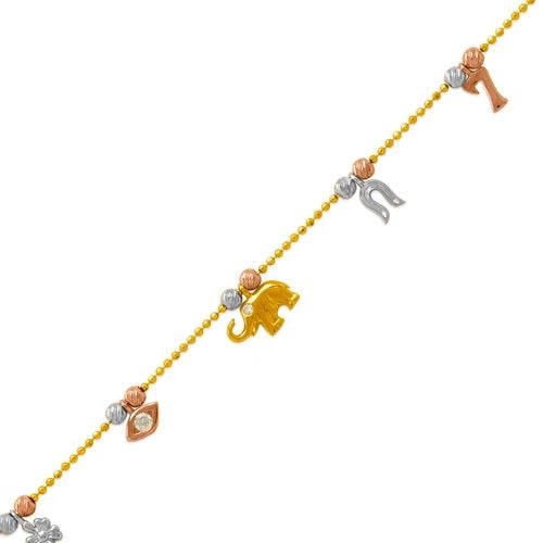 NEW 14K TRICOLOR GOLD CHARM BRACELET: NEW 14K TRICOLOR GOLD CHARM BRACELET/ANKLET CHARM BRACELET/ANKLET NEW 14K TRICOLOR GOLD LENGTH: 7.5" 10" inch AVERAGE Apx WEIGHT: 4.1g