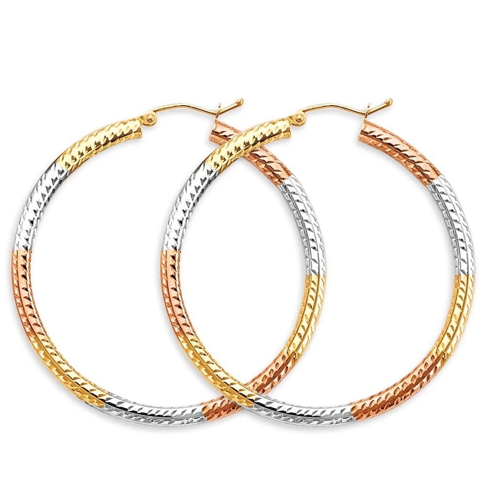 NEW 14K TRI COLOR GOLD 3MM TUBE DC HOOP EARRINGS: NEW 14K TRI COLOR GOLD 3MM TUBE DC HOOP EARRINGS 3MM TUBE DC HOOP EARRINGS NEW 14K TRI COLOR GOLD HEIGHT - 45 mm WIDTH - 45 mm Apx WEIGHT - 3.1 g