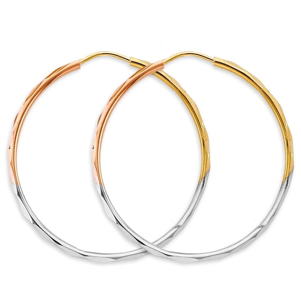 NEW 14K TRI COLOR GOLD 1.5MM FACETED ROUND HOOP EARRINGS (35MM): NEW 14K TRI COLOR GOLD 1.5MM FACETED ROUND HOOP EARRINGS (35MM) 1.5MM FACETED ROUND HOOP EARRINGS (35MM) NEW 14K TRI COLOR GOLD HEIGHT - 35 mm WIDTH - 35 mm Apx WEIGHT - 3.1 g