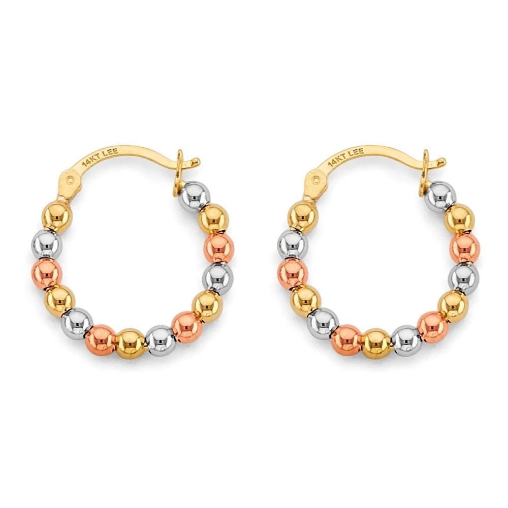 NEW 14K TRI COLOR GOLD POLISH BEAD HOOP EARRINGS: NEW 14K TRI COLOR GOLD POLISH BEAD HOOP EARRINGS POLISH BEAD HOOP EARRINGS NEW 14K TRI COLOR GOLD Height : 20 mm Width : 20 mm Weight : 3.1g