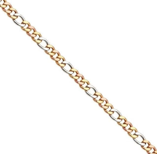 NEW 14K TRI COLOR GOLD FANCY HOLLOW FIGARO BRACELET: NEW 14K TRI COLOR GOLD FANCY HOLLOW FIGARO BRACELET FANCY HOLLOW FIGARO BRACELET NEW 14K TRI COLOR GOLD LENGTH - 7.5in Apx WEIGHT - 4g