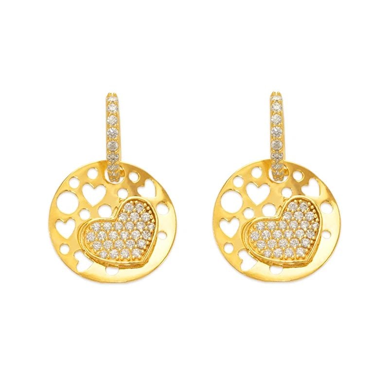 NEW 14K YELLOW GOLD FANCY HEART DISC HUGGIE EARRINGS (1 of 2)
