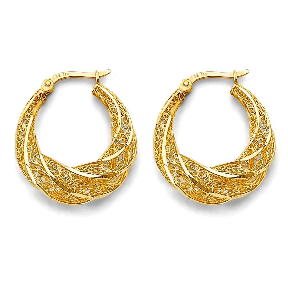 NEW 14K YELLOW GOLD FANCY HOLLOW HOOP EARRINGS (1 of 2)