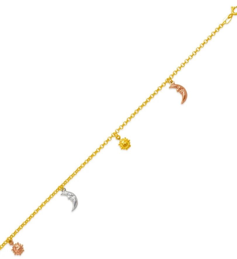 NEW 14K TRI COLOR GOLD SUN MOON CHARM ANKLET: NEW 14K TRI COLOR GOLD CHARM ANKLET 14K Tricolor Gold Approx. 2.2mm Link Approx. 13.5mm Charm 10" Long High Polished/Diamond Cut Lobster Lock Weight: 2.7 Grams