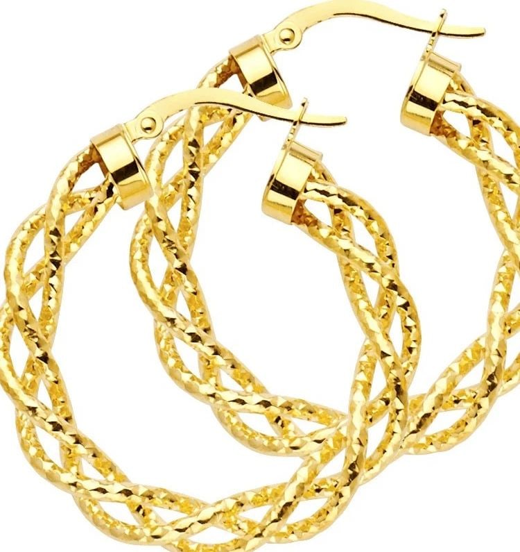 NEW 14K YELLOW GOLD BRAIDED HOLLOW HOOP EARRINGS (30MM) (1 of 2)