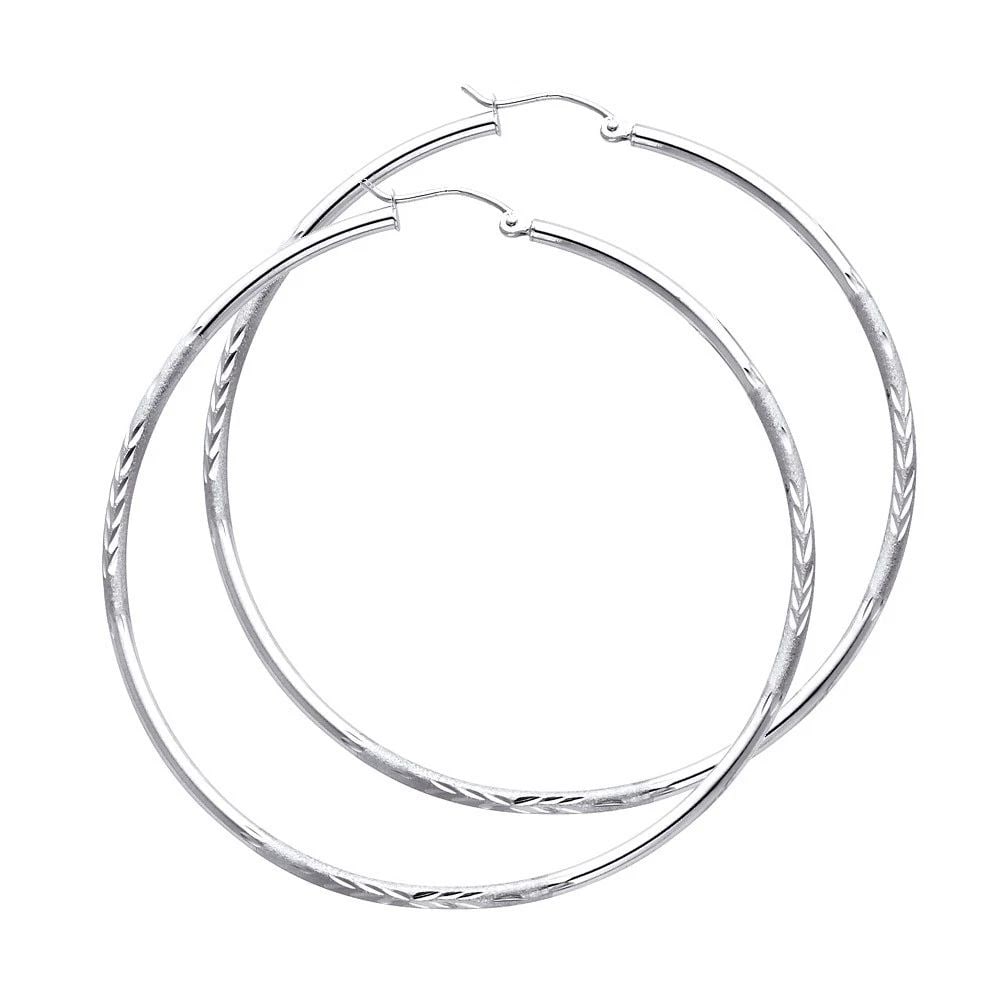 NEW 14K WHITE GOLD 2MM BUDDED DC ROUND TUBE HOOP EARRINGS (65MM): NEW 14K WHITE GOLD 2MM BUDDED DC ROUND TUBE HOOP EARRINGS (65MM) 2MM BUDDED DC ROUND TUBE HOOP EARRINGS (65MM) NEW 14K WHITE GOLD Height : 60 mm Width : 60 mm Weight : 3g