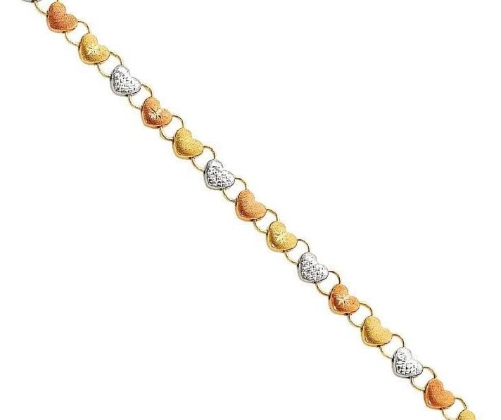 NEW 14K TRI COLOR GOLD LIGHT STAMPATO HEART BRACELET: NEW 14K TRI COLOR GOLD LIGHT STAMPATO BRACELET LIGHT STAMPATO BRACELET NEW 14K TRI COLOR GOLD LENGTH - 7.25in Apx WEIGHT - 3.9g