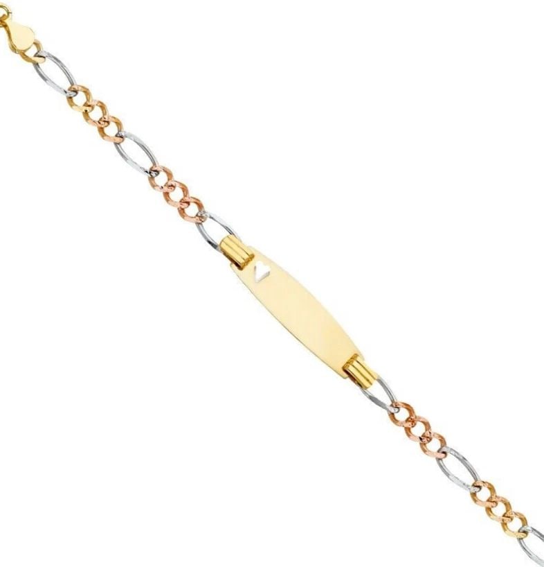 NEW 14K TRI COLOR GOLD FIGARO 3+1 OVAL BABY ID BRACELET: NEW 14K TRI COLOR GOLD FIGARO 3+1 OVAL BABY ID BRACELET FIGARO 3+1 OVAL BABY ID BRACELET NEW 14K TRI COLOR GOLD LENGTH - 6in Apx WEIGHT - 3.9g