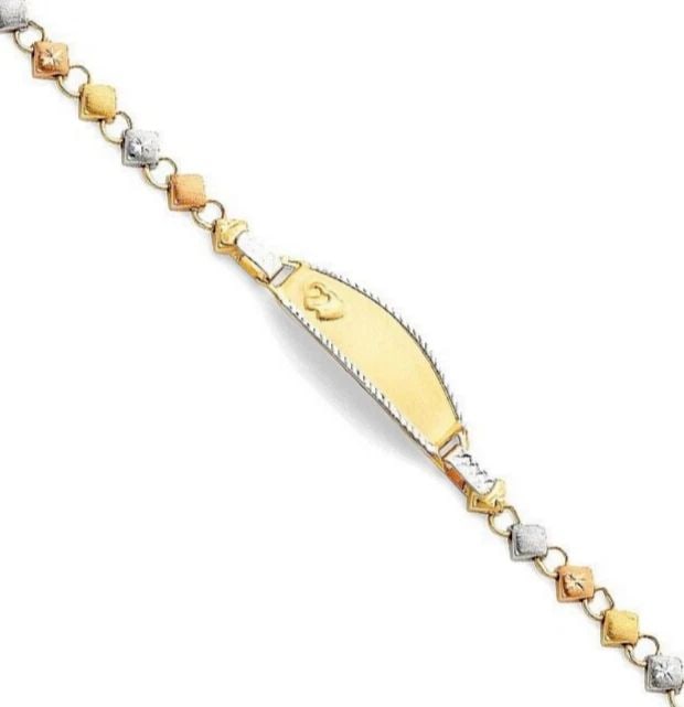NEW 14K TRI COLOR GOLD LIGHT STAMPATO ID BRACELET FOR KIDS: NEW 14K TRI COLOR GOLD LIGHT STAMPATO ID BRACELET FOR KIDS LIGHT STAMPATO ID BRACELET FOR KIDS NEW 14K TRICOLOR GOLD LENGTH - 6in Apx WEIGHT - 3.9g