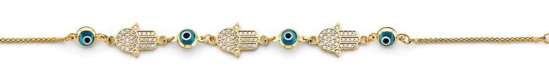 NEW 14K YELLOW GOLD EVIL EYE & HAMSA CENTER BRACELET: NEW 14K YELLOW GOLD EVIL EYE & HAMSA CENTER BRACELET EVIL EYE & HAMSA CENTER BRACELET NEW 14K YELLOW GOLD C Z LENGTH - 7+1in Apx WEIGHT - 3.9g