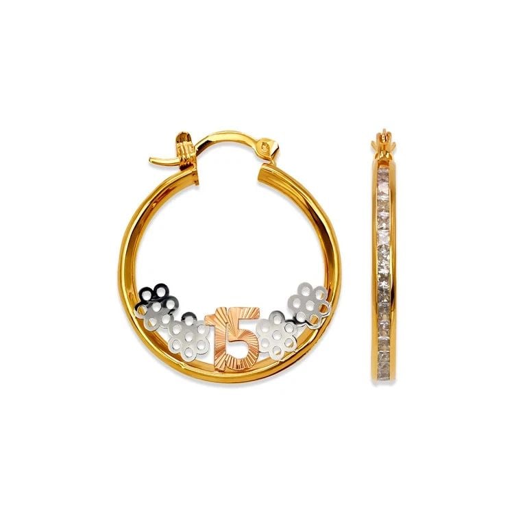 NEW 14K TRICOLOR GOLD 15 ANOS HOOP EARRINGS: NEW 14K TRICOLOR GOLD 15 ANOS HOOP EARRINGS 15 ANOS HOOP EARRINGS NEW 14K TRICOLOR GOLD Width: Approx. 25x29mm Apx WEIGHT: 3.9g