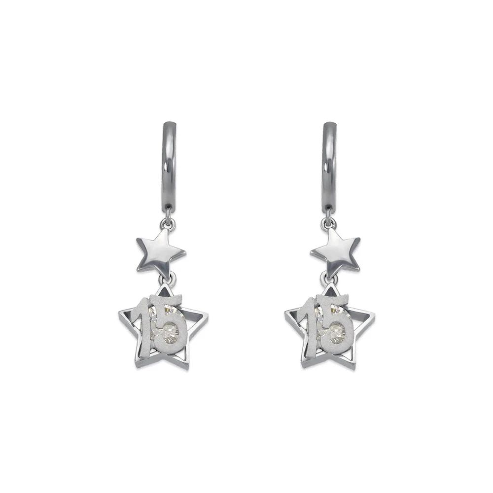NEW 14K WHITE GOLD 15 ANOS STAR HUGGIE EARRINGS (1 of 2)