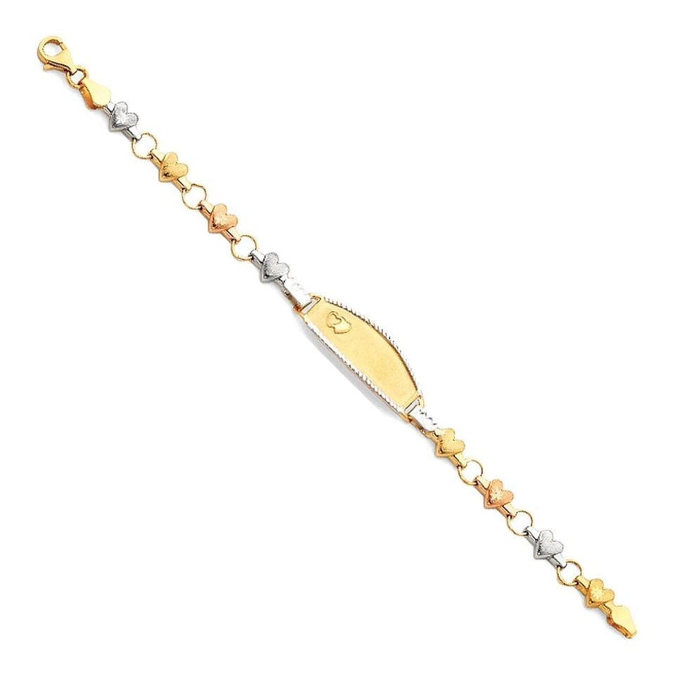 NEW 14K TRI COLOR GOLD LIGHT HEART ID BRACELET FOR KIDS: NEW 14K TRI COLOR GOLD LIGHT STAMPATO ID BRACELET FOR KIDS LIGHT STAMPATO ID BRACELET FOR KIDS NEW 14K TRI COLOR GOLD LENGTH - 6in Apx WEIGHT - 3.8g