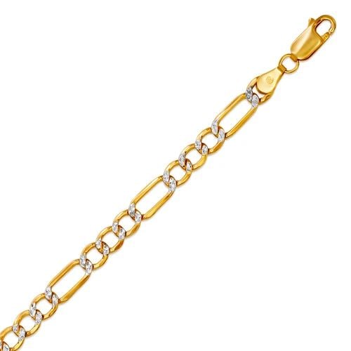 NEW 14K TWO TONE GOLD HOLLOW FIGARO WHITE PAVE BRACELET: NEW 14K TWO TONE GOLD HOLLOW FIGARO WHITE PAVE BRACELET HOLLOW FIGARO WHITE PAVE BRACELET NEW 14K TWO TONE GOLD LENGTH: 7" inch AVERAGE Apx WEIGHT: 3.8g