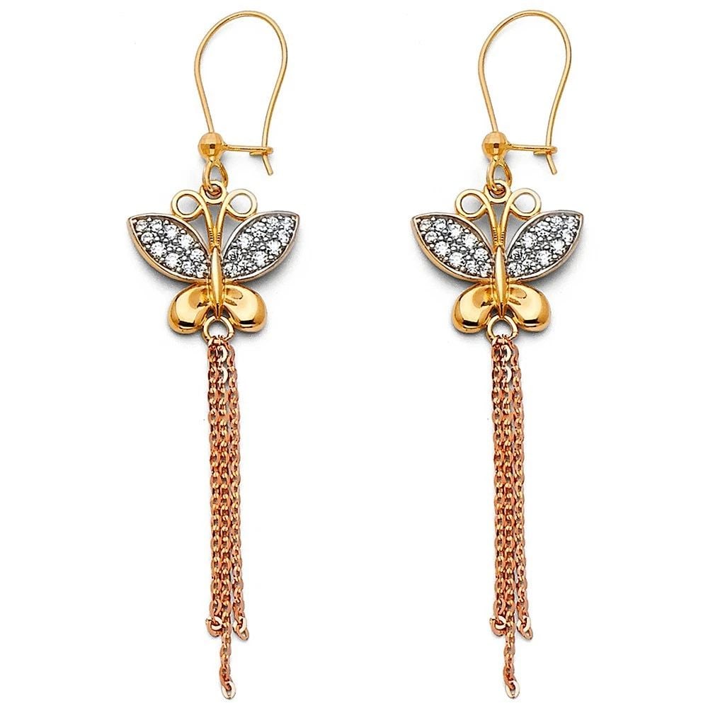NEW 14K TRI COLOR GOLD HANGING EARRINGS: NEW 14K TRI COLOR GOLD HANGING EARRINGS HANGING EARRINGS NEW 14K TRI COLOR GOLD HEIGHT - 46 mm WIDTH - 14 mm Apx WEIGHT - 2.8 g