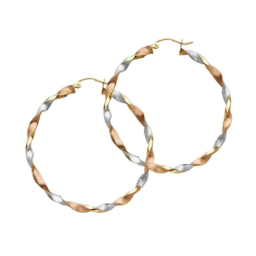 NEW 14K TRI COLOR GOLD CURLED HOLLOW HOOP EARRINGS: NEW 14K TRI COLOR GOLD CURLED HOLLOW HOOP EARRINGS CURLED HOLLOW HOOP EARRINGS NEW 14K TRI COLOR GOLD HEIGHT - 35 mm WIDTH - 35 mm Apx WEIGHT - 2.8 g