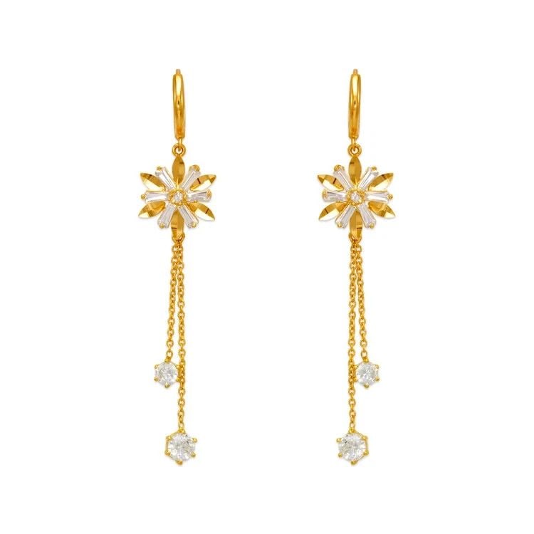 NEW 14K YELLOW GOLD FANCY FLOWER DANGLING EARRINGS (1 of 2)