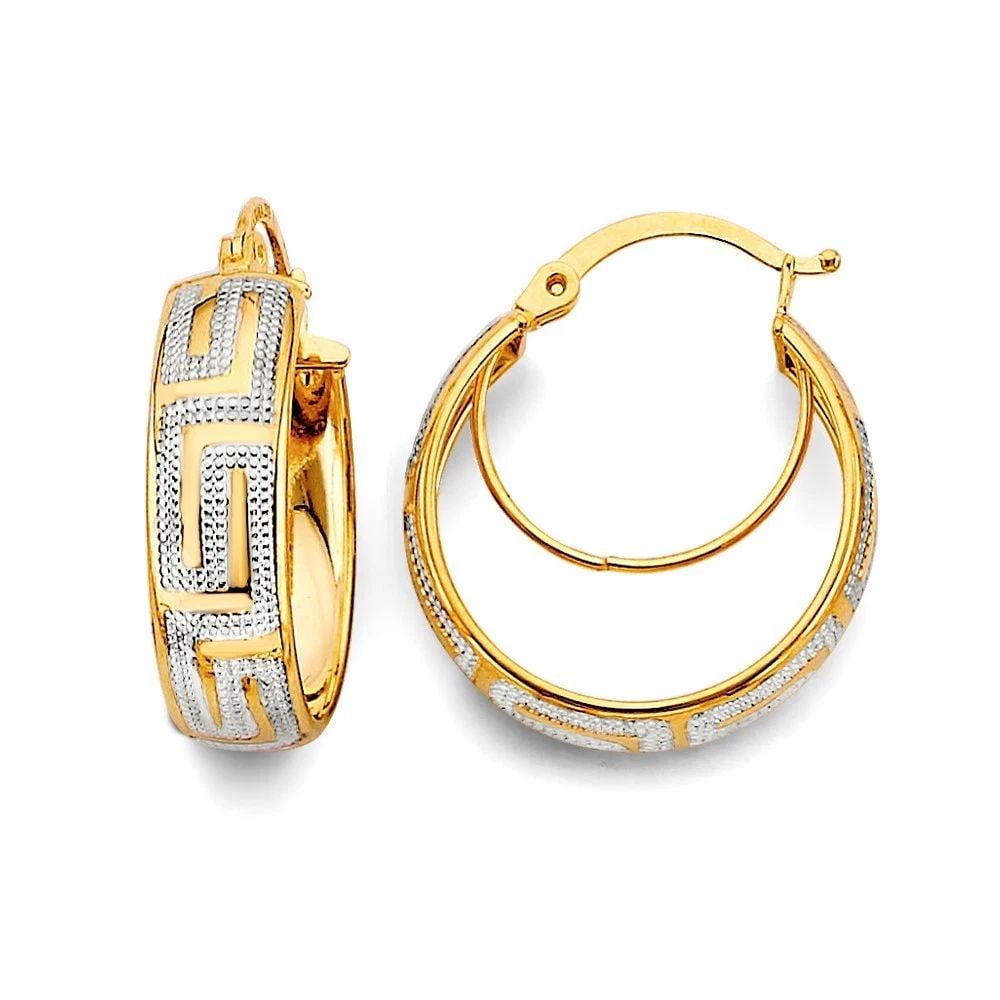 NEW 14K TWO TONE GOLD GREEK DESIGN HOOP EARRINGS: NEW 14K TWO TONE GOLD GREEK DESIGN HOOP EARRINGS GREEK DESIGN HOOP EARRINGS NEW 14K TWO TONE GOLD Height : 20 mm Width : 20 mm Weight : 2.8g