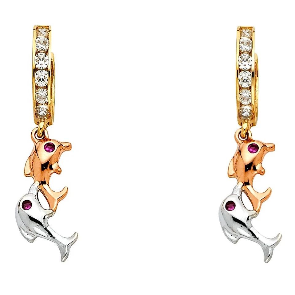 NEW 14K TRI COLOR GOLD DANGLE HUGGIES EARRINGS: NEW 14K TRI COLOR GOLD DANGLE HUGGIES EARRINGS DANGLE HUGGIES EARRINGS NEW 14K TRI COLOR GOLD HEIGHT - 35 mm WIDTH - 4 mm Apx WEIGHT - 2.8 g