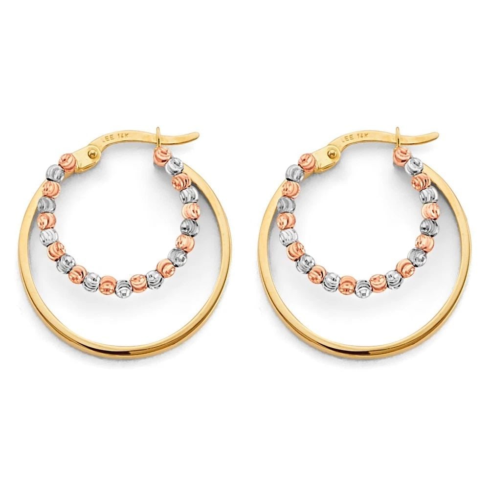 NEW 14K TRI COLOR GOLD DOUBLE HOOP EARRINGS BEAD EARRINGS (1 of 2)