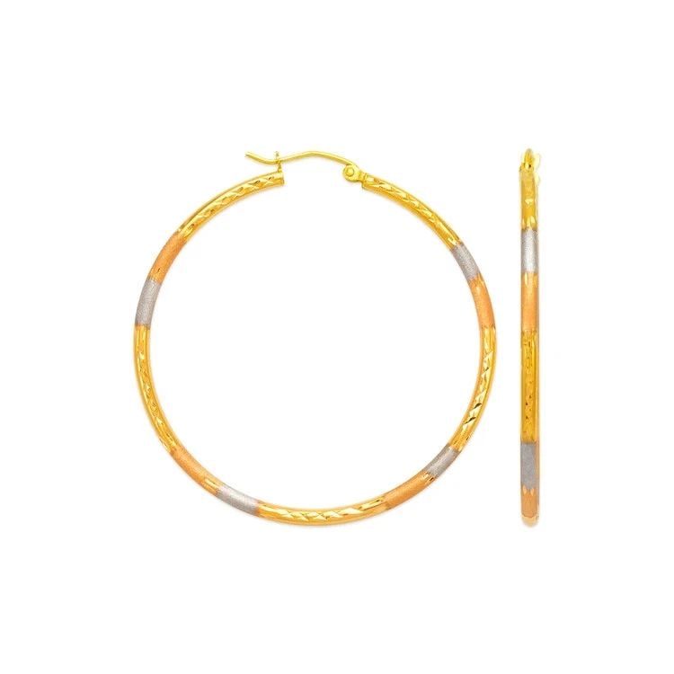 NEW 14K TRICOLOR GOLD 2MM ROUND TUBE HOOP EARRINGS: NEW 14K TRICOLOR GOLD 2MM ROUND TUBE HOOP EARRINGS 2MM ROUND TUBE HOOP EARRINGS NEW 14K TRICOLOR GOLD Width: Approx. 2mm AVERAGE Apx WEIGHT: 0.7g