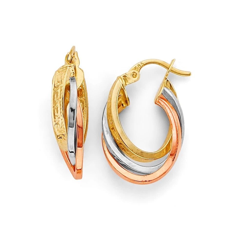 NEW 14K TRI COLOR GOLD 3 LINE TWISTED HOOP EARRINGS (1 of 1)