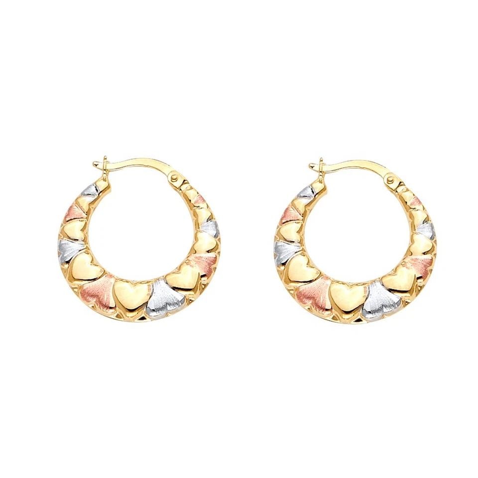 NEW 14K TRI COLOR GOLD DOUBLE FACE HEART DESIGN HOLLOW EARRINGS: NEW 14K TRI COLOR GOLD DOUBLE FACE HEART DESIGN HOLLOW EARRINGS DOUBLE FACE HEART DESIGN HOLLOW EARRINGS NEW 14K TRI COLOR GOLD HEIGHT - 25 mm WIDTH - 22 mm Apx WEIGHT - 2.7 g