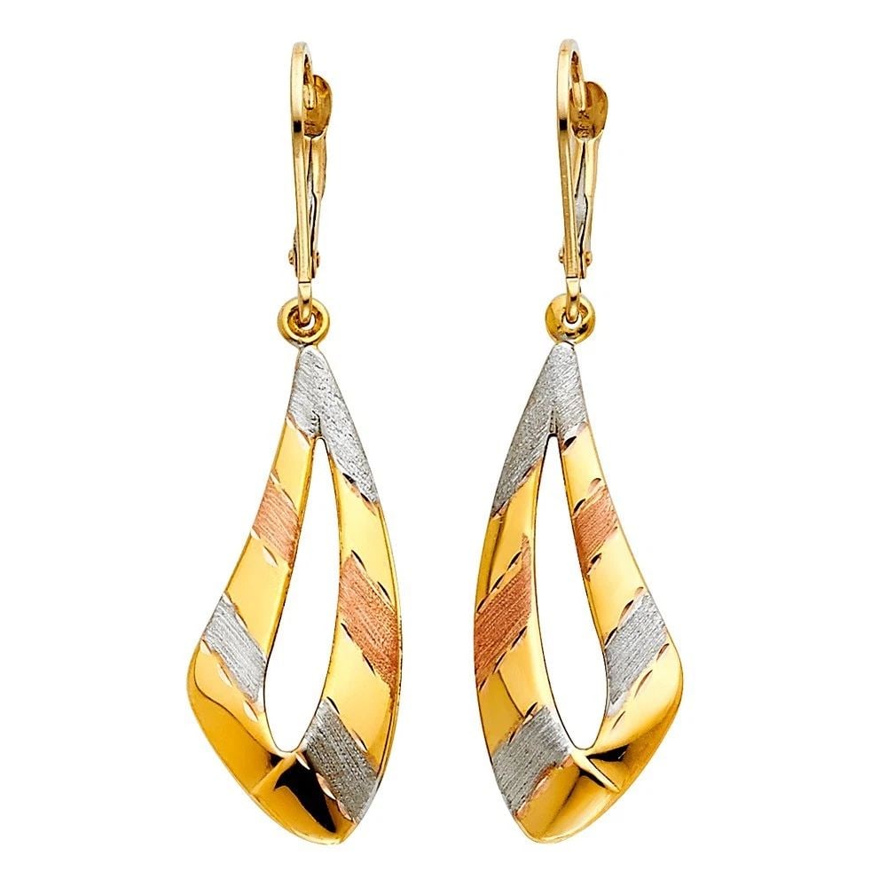 NEW 14K TRI COLOR GOLD FANCY HOLLOW EARRINGS WITH LEVER BACK (1 of 2)