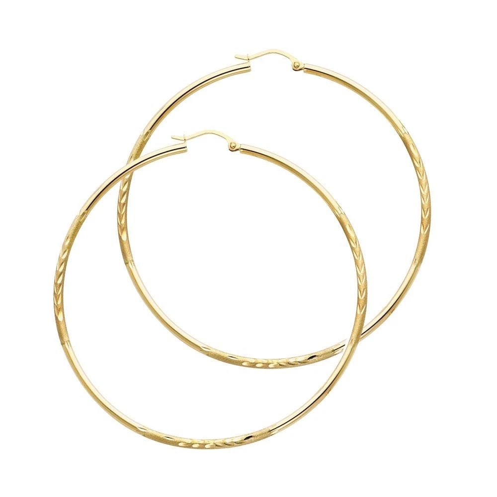 NEW 14K YELLOW GOLD 2MM BUDDED DC ROUND TUBE HOOP EARRINGS (55MM): NEW 14K YELLOW GOLD 2MM BUDDED DC ROUND TUBE HOOP EARRINGS (55MM) 2MM BUDDED DC ROUND TUBE HOOP EARRINGS (55MM) NEW 14K YELLOW GOLD HEIGHT - 50 mm WIDTH - 50 mm Apx WEIGHT - 2.7 g