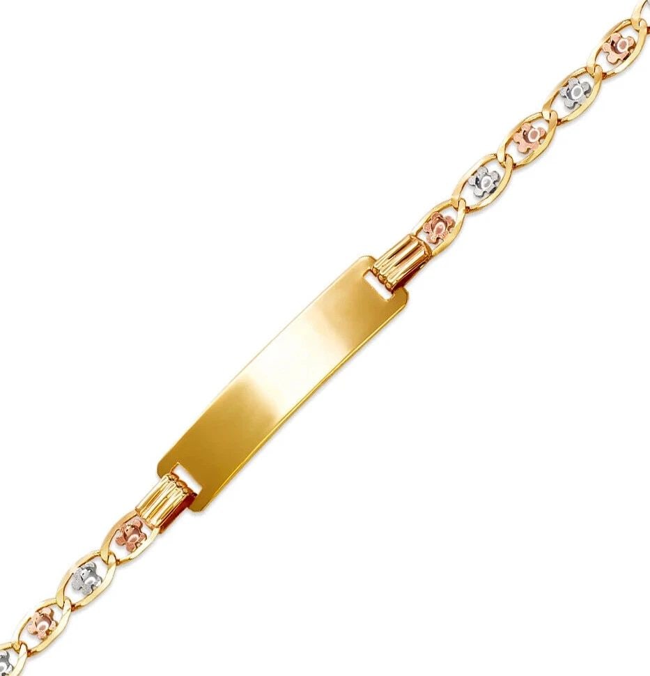NEW 14K TRICOLOR GOLD SQ KIDS MARGARITA SQUARE ID BRACELET: NEW 14K TRICOLOR GOLD SQ KIDS MARGARITA SQUARE ID BRACELET 14K Tricolor Gold 060 Gauge (6.7mm ID, 3.5mm Bracelet) High Polished/Diamond Cut Lobster Lock Length 6" Weight: 3.5 Grams