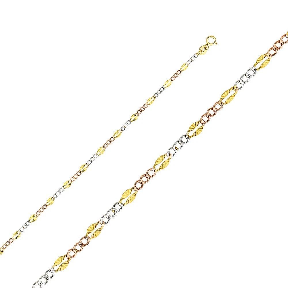 NEW 14K TRI COLOR GOLD 3.2MM STAMP FIGARO 3+1 DC CHAIN: 14K TRI COLOR GOLD STAMP FIGARO 3+1 DC CHAIN STAMP FIGARO 3+1 DC CHAIN NEW 14K TRI COLOR GOLD WIDTH: mm AVERAGE Apx WEIGHT: 2.3g