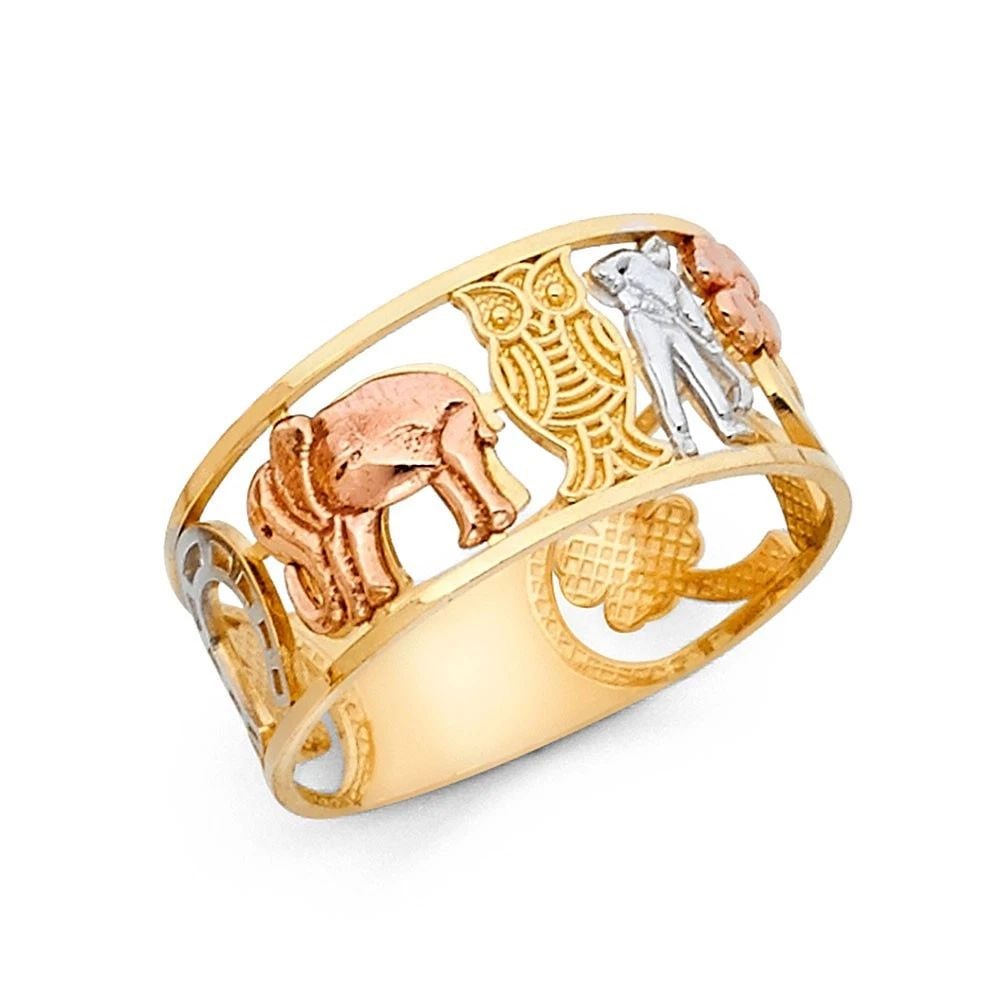 NEW 14K TRI COLOR GOLD LUCKY RING - SIZE 7: NEW 14K TRI COLOR GOLD LUCKY RING LUCKY RING NEW 14K TRI COLOR GOLD WIDTH: 10 mm Apx. WEIGHT: 3.4g