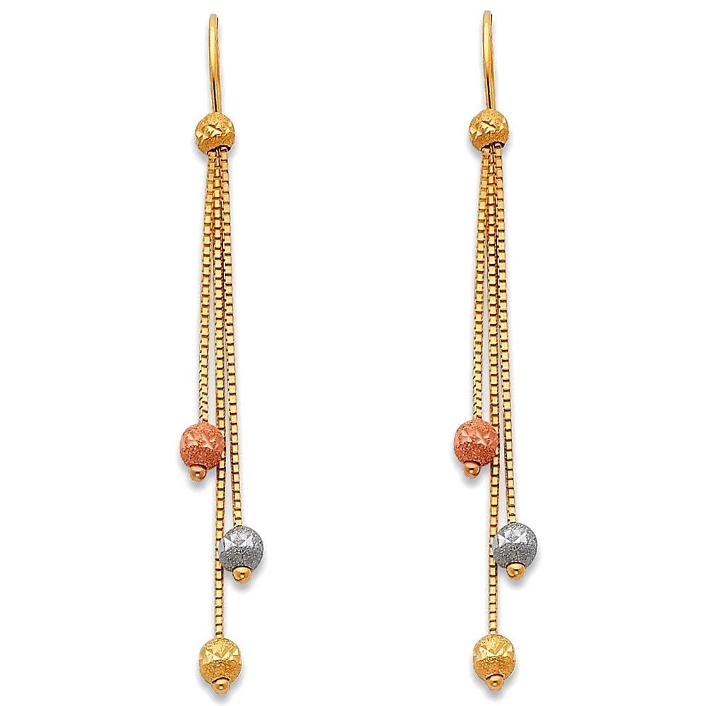 NEW 14K TRI COLOR GOLD HANGING EARRINGS: NEW 14K TRI COLOR GOLD HANGING EARRINGS HANGING EARRINGS NEW 14K TRI COLOR GOLD HEIGHT - 60 mm WIDTH - 5 mm Apx WEIGHT - 2.6 g