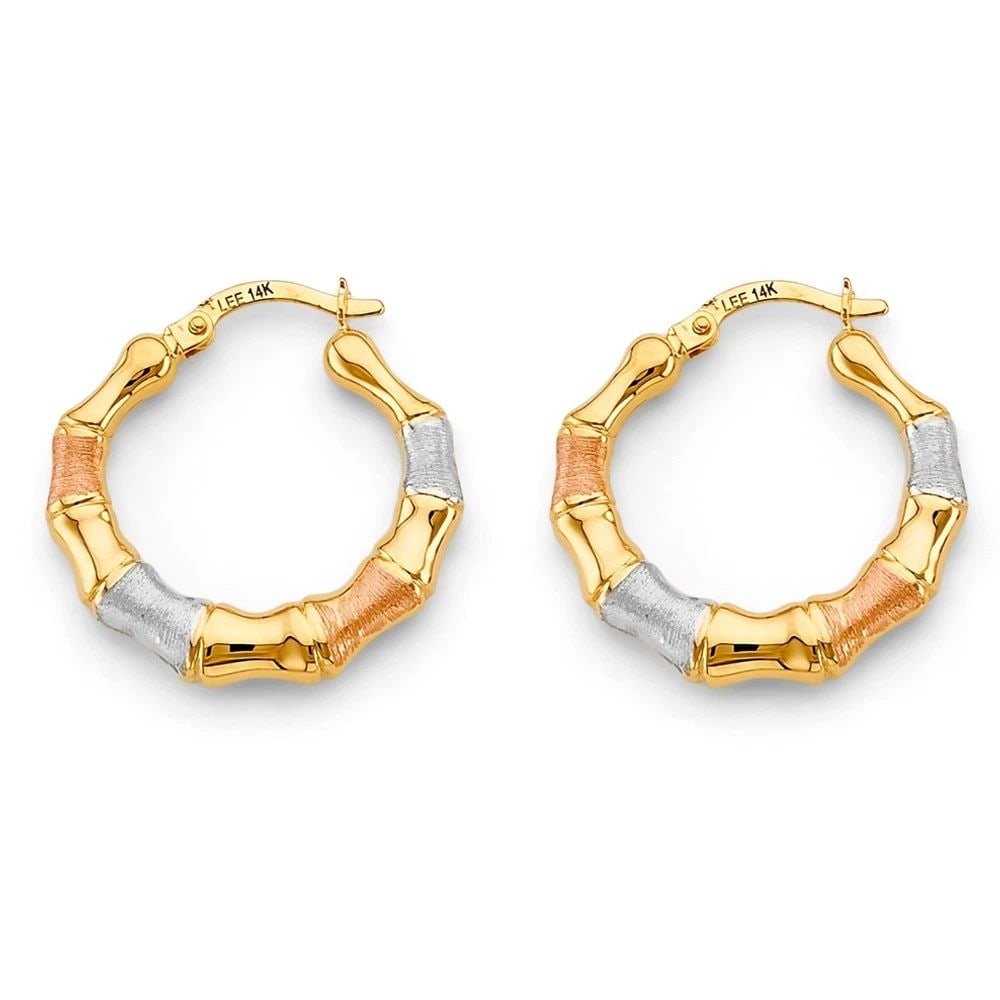 NEW 14K TRI COLOR GOLD BAMBOO HOLLOW HOOP EARRINGS: NEW 14K TRI COLOR GOLD BAMBOO HOLLOW HOOP EARRINGS BAMBOO HOLLOW HOOP EARRINGS NEW 14K TRI COLOR GOLD HEIGHT - 25 mm WIDTH - 25 mm Apx WEIGHT - 2.6 g