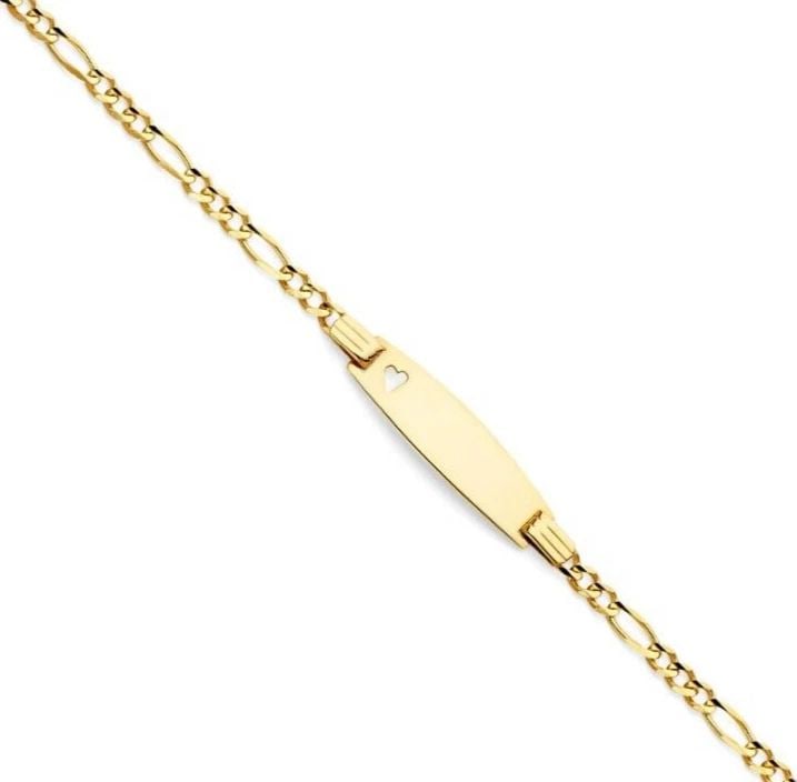 NEW 14K YELLOW GOLD FIGARO 3+1 BABY OVAL ID WITH HEART BRACELET: 14K YELLOW GOLD FIGARO 3+1 BABY OVAL ID WITH HEART BRACELET FIGARO 3+1 BABY OVAL ID WITH HEART BRACELET NEW 14K YELLOW GOLD LENGTH - 6in Apx WEIGHT - 3.4g