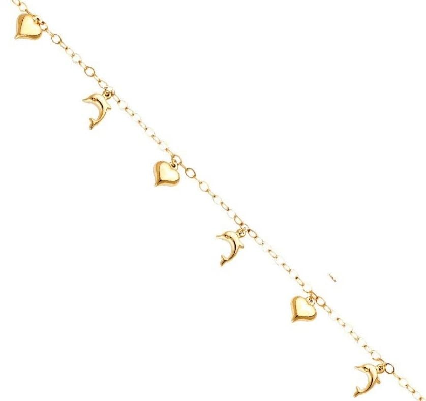 NEW 14K YELLOW GOLD HANGING DOLPHIN + HEART BRACELET: NEW 14K YELLOW GOLD HANGING DOLPHIN + HEART BRACELET HANGING DOLPHIN + HEART BRACELET & ANKLET NEW 14K YELLOW GOLD LENGTH - 9in Apx WEIGHT - 3.4g