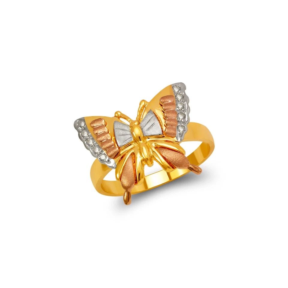 NEW 14K TRICOLOR GOLD LADIES BUTTERFLY RING: NEW 14K TRICOLOR GOLD LADIES BUTTERFLY RING LADIES BUTTERFLY RING NEW 14K TRICOLOR GOLD SIZE Apx: 10x20.5mm Apx. WEIGHT: 3.4g
