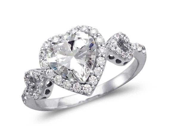 NEW 14K WHITE GOLD LADIES FANCY WHITE HEART HALO SOLITAIRE RING (1 of 2)