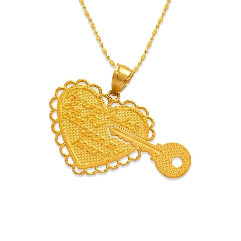 NEW 14K YELLOW GOLD TWO-PIECE HEART AND KEY PENDANT: NEW 14K YELLOW GOLD TWO-PIECE HEART AND KEY PENDANT TWO-PIECE HEART AND KEY PENDANT NEW 14K YELLOW GOLD Apx. WIDTH: 39x23mm Apx WEIGHT: 3.4g