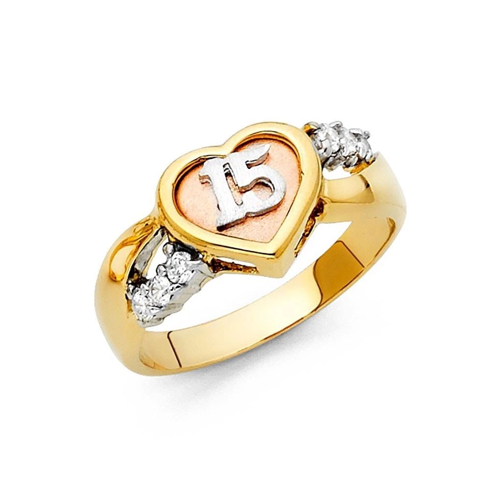 NEW 14K TRI COLOR GOLD 15 YEARS RING - SIZE 7: NEW 14K TRI COLOR GOLD 15 YEARS RING 15 YEARS RING NEW 14K TRI COLOR GOLD WIDTH : 10 mm WEIGHT : 3.3g