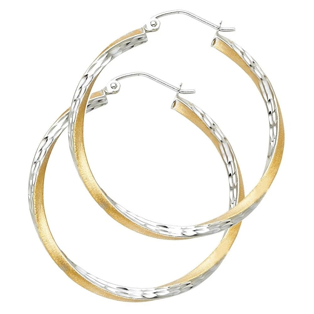 NEW 14K TWO TONE GOLD SF DC 2.6MM SWIRL HOOP EARRINGS (35MM) (1 of 1)