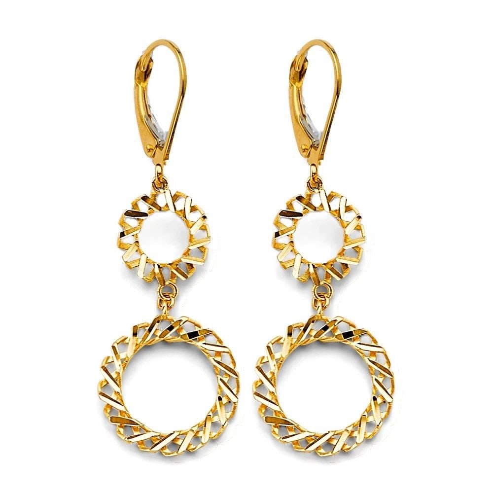 NEW 14K YELLOW GOLD FANCY HANGING CIRCLE EARRINGS: NEW 14K YELLOW GOLD FANCY HANGING CIRCLE EARRINGS FANCY HANGING CIRCLE EARRINGS NEW 14K YELLOW GOLD HEIGHT - 45 mm WIDTH - 15 mm Apx WEIGHT - 2.5 g