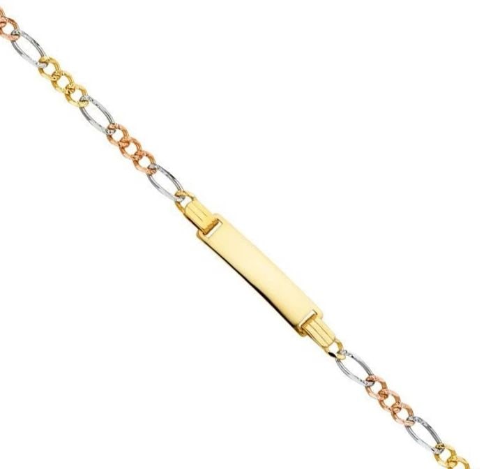 NEW 14K FIGARO 3+1 TRI COLOR BABY ID BRACELET: 14K FIGARO 3+1 TRI COLOR GOLD BABY ID BRACELET BABY ID BRACELET NEW 14K TRI COLOR GOLD LENGTH - 6in Apx WEIGHT - 3.3g