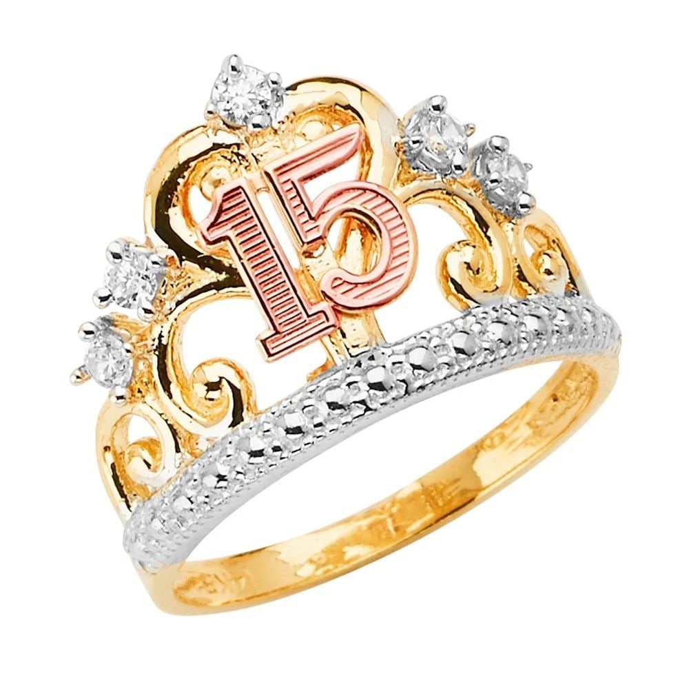 NEW 14K TRI COLOR GOLD 15 YEARS CROWN RING - SIZE 7: NEW 14K TRI COLOR GOLD 15 YEARS CROWN RING 15 YEARS CROWN RING NEW 14K TRI COLOR GOLD WIDTH : WEIGHT : 3.3g