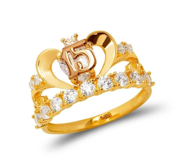 NEW 14K TWO TONE GOLD LADIES 15 ANOS TIARA RING: NEW 14K TWO TONE GOLD LADIES 15 ANOS TIARA RING LADIES 15 ANOS TIARA RING NEW 14K TWO TONE GOLD Apx. WIDTH: 11mm Apx. WEIGHT: 3.3g