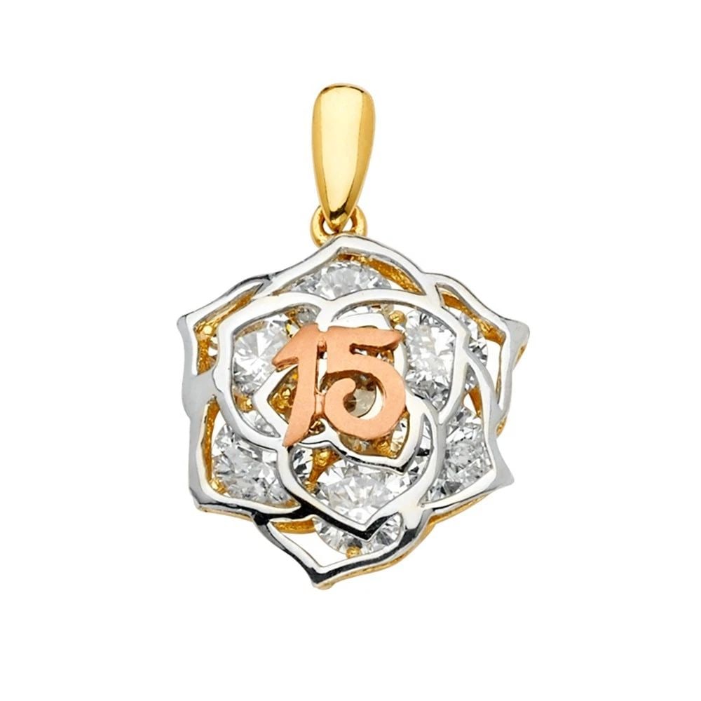 NEW 14K TRI COLOR GOLD 15 YEARS FLOWER PENDANT: NEW 14K TRI COLOR GOLD 15 YEARS FLOWER PENDANT 15 YEARS FLOWER PENDANT NEW 14K TRI COLOR GOLD Height : 24 mm Width : 15 mm Apx. WEIGHT : 3.2g